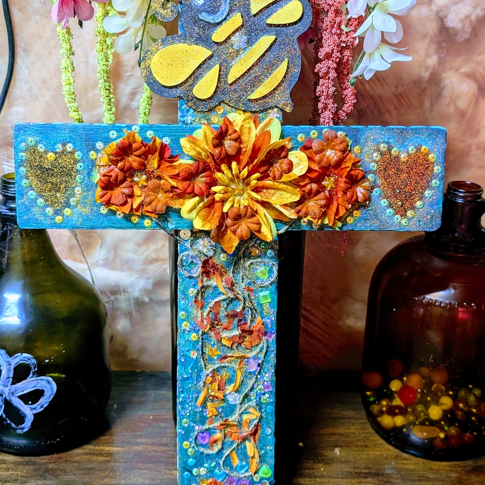 Handcrafted Blue & Orange Floral Decorative Cross Wall Art